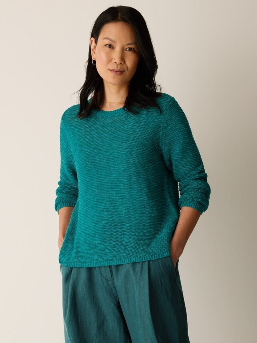 EILEEN FISHER Organic Linen Cotton Slub Crew Neck Top Teal Medium Easy Fit